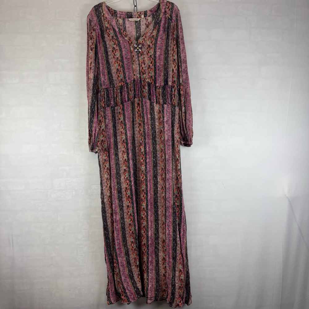 Soft Surroundings Boho Maxi‎ Dress Purple Stripe Embellished Rayon M 2CY56
